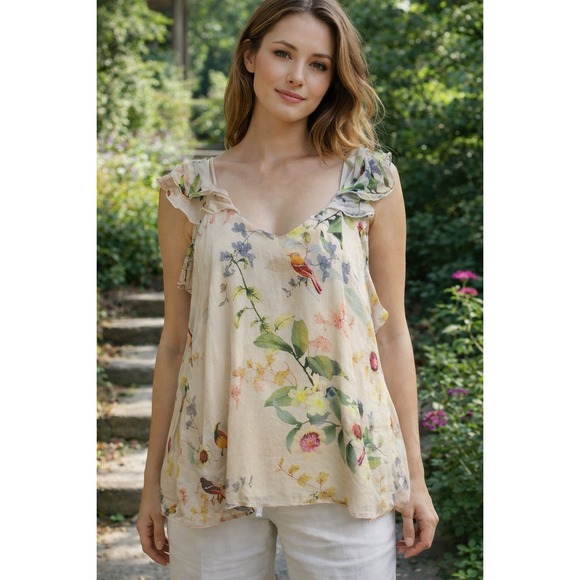 Lisa & Lucy Tops - Lisa & Lucy‎ Floral Bird Print Ruffle V-Neck Camisole Tank Top Cream Size M